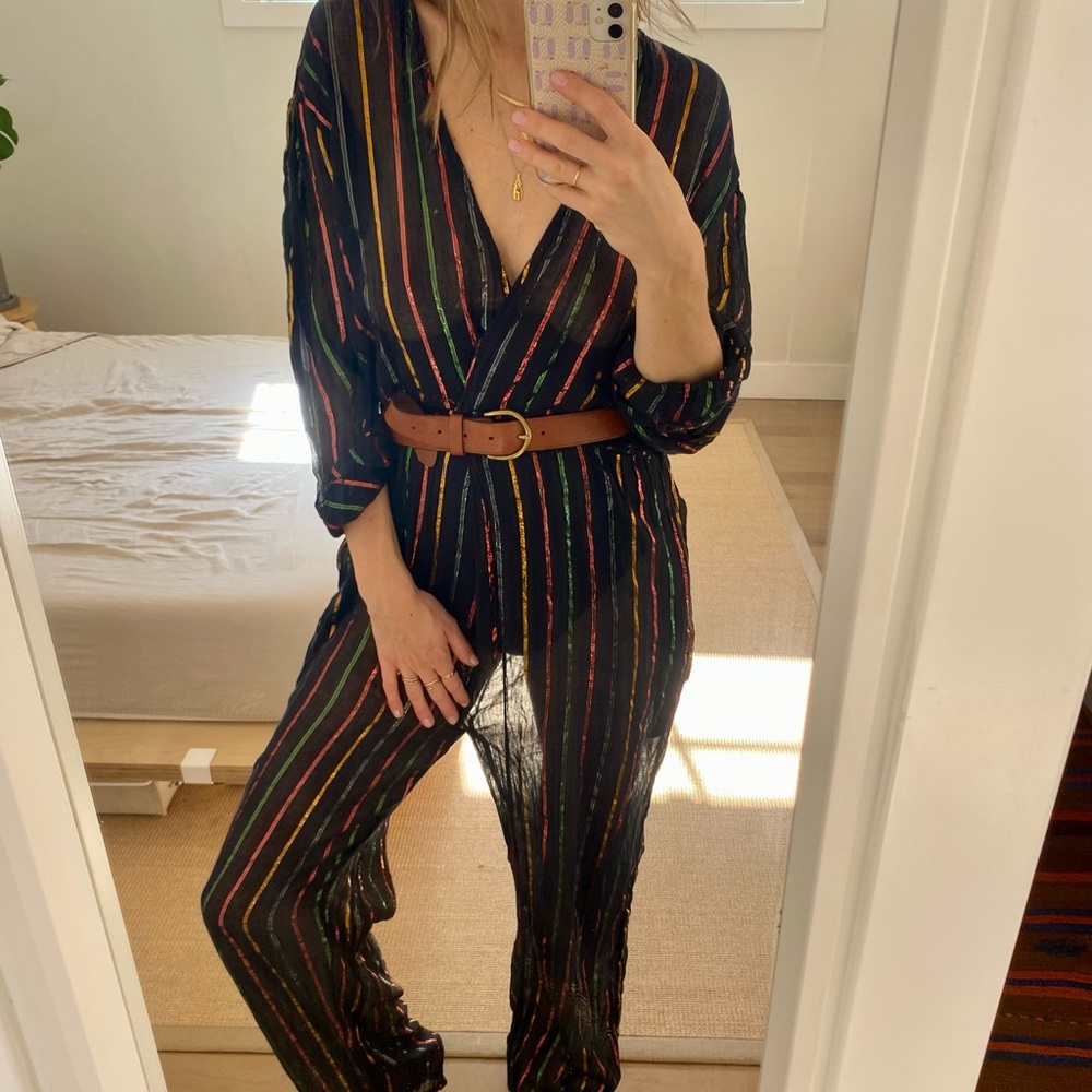 Vintage Metallic Stripe Cotton Blend Jumpsuit